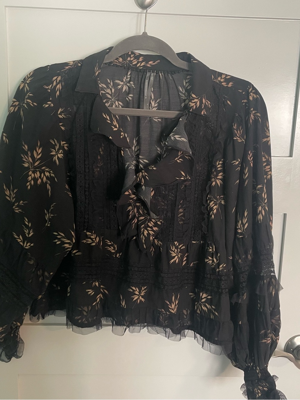 By Anthropologie Black ruffled V neck popover blouse